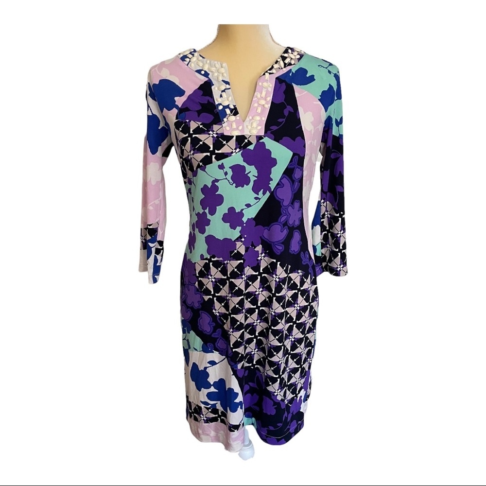 Donna Morgan Shift Dress Pink Purple Graphics with‎ Beads at Neck Size 2